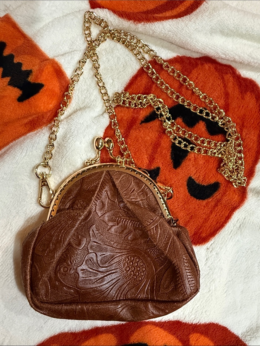Isadora Italy Brown Embossed Leather Mini Kiss Lock Crossbody Bag